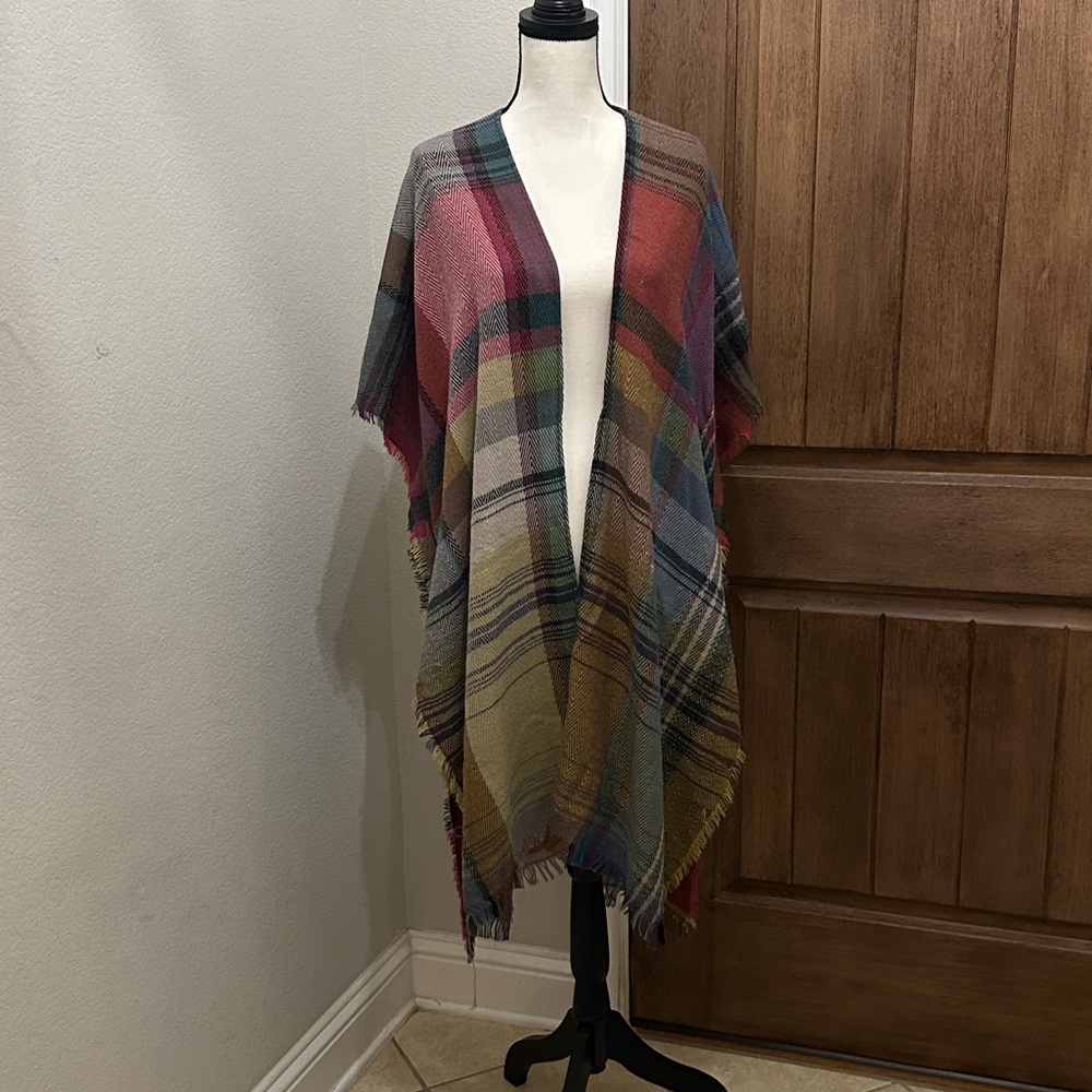 Do Everything in Love Plaid Poncho with Blue and Red Accents